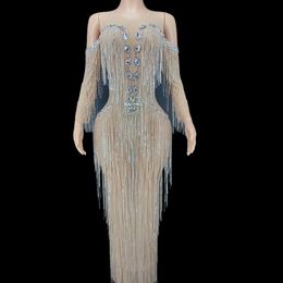 Stage Wear Shining Rhinestones Fringes Mesh See Through Long Dress Women Celebrate Birthday Evening Gown Prom Outfit Sexy WearStage