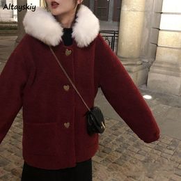 Women's Down Parkas Red Women Hooded Fur Collar Single Breasted Lambswool Coats Winter Christmas Sweet Lovely Warm Jackets Loose Korean Retro 230111