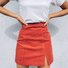 Skirts Woman corduroy skirt summer sexy mini Vintage harajuku s slit slim high waist straight ladies korean style 230110