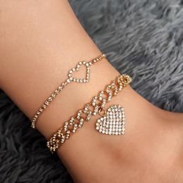 Anklets Bling Paved Rhinestone Heart Cuban Link Chain Set For Women Hip Hop Full Crystal Ankle Bracelet Foot Jewelry