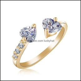 With Side Stones Female Ring Jewerly Double Heart Fl Diamond Open Size Zircon Gold And Sier 2 High Quality Gift Antioxidation Mouse Dhpgl