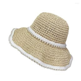 Wide Brim Hats Women Foldable Woven Lace Pearls Paper Crochect Straw Hat Summer Holiday Beach Sunscreen Sun Caps