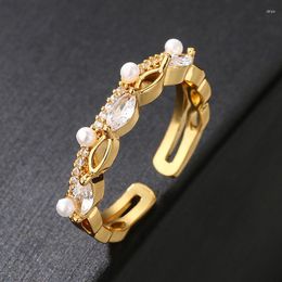 Cluster Rings Gold Colour Opening For Women Green Geometry Crystal Imitation Pearl Engagement Ring Zircon Inlaid Wedding Jewellery