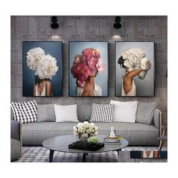 Paintings Flowers Feathers Woman Abstract Canvas Painting Wall Art Print Poster Picture Decorative Living Room Home Decoration Drop Dhdxl
