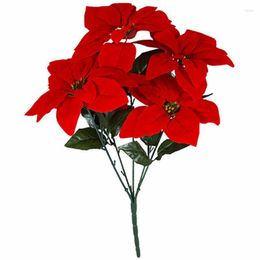 Decorative Flowers Simulation 5 Fork Christmas Flower Poinsettia Decoration Supplies Fake Bouquet Holiday Event Wedding Wholesale