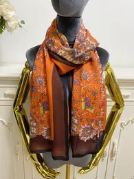 Women's long scarf double layer design orange Colour print pattern 100% silk material scarves shawl size 180cm - 65cm