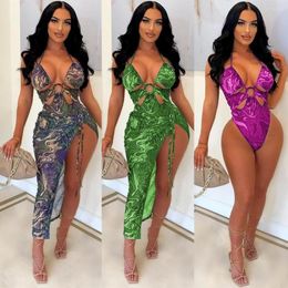 Women's Swimwear Summer Cut Out Bikini Sets 2 Pieces Beachwear Women Sexy Halter Bodysuit Top And Hight Split Bandage Long Skirt Bathing