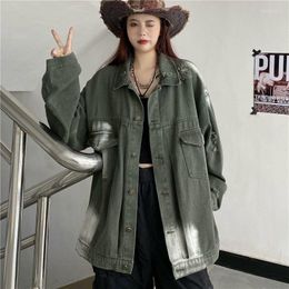 Women's Jackets Tie Dyed Pierced Denim Jacket Women's Spring And Autumn 2023 Dark Green Work Clothes Vintage Street Fashion Casual