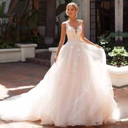 Modest beach Boho A Line Bridal Gowns 2023 Lace O Neck Sleeveless Country Long Tulle wedding Dresses Plus Size robes de mariee Vestidos De Novia