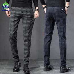 Men's Pants Autumn Winter England Plaid Work Stretch Men Business Fashion Slim Thick Grey Blue Casual Pant Male Brand Trousers 38 230111