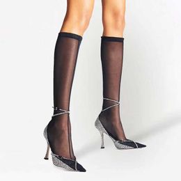 Dress Shoes Boots Summer New Women's Rhinestone Mesh Boots Sexy Over The Knee Fashion Long Stilettos Buckle Stovepipe Socks Boots Pointed Shoes 0111