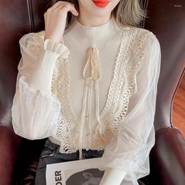 Women's Sweaters Stitched Long Sleeve Blouses Korean Stand Collar Mesh Chiffon Shirt Women Gentle Ruffle Bow Tie Knitted Shirts Tops Blusas