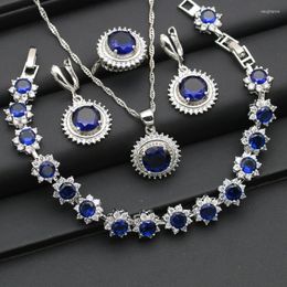 Necklace Earrings Set Silver Color Wedding For Women Circular Royal Blue Zirconia Pendant Ring Bracelet Halloween Gift