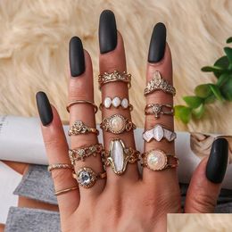 Band Rings Fashion Jewellery Vintage Ring Set Crown Caved Flower Inlaid Diamond Sets 16Pcs/Set Drop Delivery Dhdsr