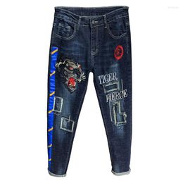 Men's Jeans Ripped Embroidery Casual Slim Fit Mens Hole Biker Straight Denim Pencil Pants Hip Hop Streetwear Pantalones De Hombre