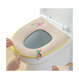 Toilet Seat Covers Bird Embroidery Household Winter Plush Soft Pad Ers Toilets Er Zipper With Handle Keep Warm Bathroom Accessories Otech