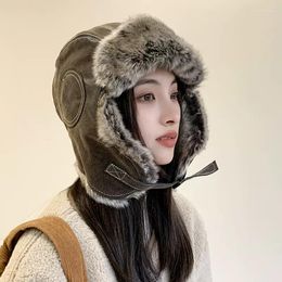 Berets EUMOAN Leather Leifeng Hat Winter Men And Women Plus Cashmere Warm Wind Cold Riding Ear Protection Electric Bike Bao