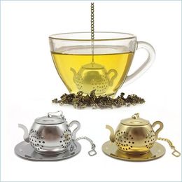 Coffee Tea Tools Gold 304 Stainless Steel Infuser Teapot Tray Spice Strainer Herbal Filter Teaware Accessories Kitchen Drop Delive Dhohp