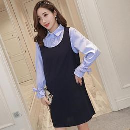 Maternity Dresses Autumn Outfit Long Sleeve Turn-down Collar Cotton Patchwork Pregnant Woman A-line Dress Clothes Blue Wholesale