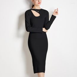 Casual Dresses Office Lady Hollow Out High Waist Stretch Knit Dress Autumn And Winter Long Sleeve Solid Color Sexy Bodycon Vestidos