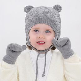 Hats 2 Pieces/set Of Solid Colour Knitted Baby Hat Gloves Set Ear Protection Double Pompom Girl Boy Beanie Winter Stretch Childre