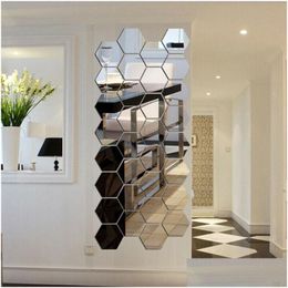 Mirrors 12 Pieces Of 3D Mirror Tile Hexagonal Selfadhesive Home Decoration Art Stickers Bathroom Diy Decor Drop Delivery Garden Dh820