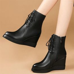Dress Shoes Winter Warm Fashion Sneakers Women Lace Up Genuine Leather Wedges High Heel Pumps Female Top Platform Punk Snow Boots