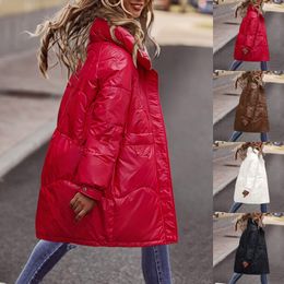 Women's Down Parkas Fashion Women Bright Pu Red Black Puffer Jacket Winter Warm Bubble Coats Shiny Leather Zipper L5 230112