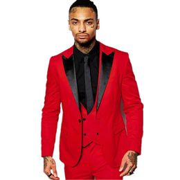 Men's Suits (Jackets Vest Pants) 2023 Men Slim Custom Fit Groom Tuxedos Fashion Bridegroom Business Dress Wedding Red Blazer & Blazers