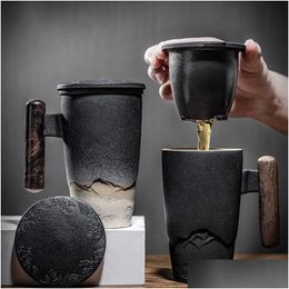 Mugs Luxury Retro Tea Cup Ceramic Mug Large Capacity Office Filter Black Water With Er Wooden Handle Cups Gift Ideas Box Drop Delive Dhray