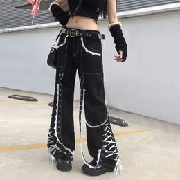 Women's Jeans MINGLIUSILI Lace Splice Baggy Women Spring Gothic Flares Pants High Street Fashion Streetwear Black Denim Trousers 230111