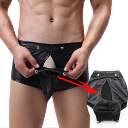Underpants Mens Patent Leather Boxer Shorts Sexy Temptation Button Open Big Penis Pocket Gay Underwear PU Men's Boxershorts Stage
