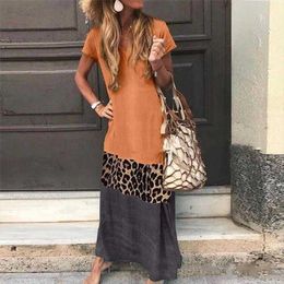 Simple Loose Contrast Colour Dress Leopard Splicing Short Sleeve Printed V Neck