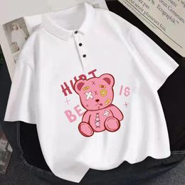 Women's Polos 2023 Summer Polo Shirts Female Harajuku Y2k Clothes Loose Casual Kawaii Anime Beaten Bear Print Short Sleeved Shirt Women Tops