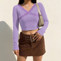 Women's T Shirts Women's T-Shirt Autumn Y2k Women Long Sleeve V-Neck Pullovers Knitwear Crop Tops Lace Stitching Shirt Sexy Cross