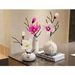 Decorative Flowers Artificial Magnolia Flower Potted Set Ceramic Vase Small Bonsai Simulation Plants Pot Culture Desktop Wedding Home