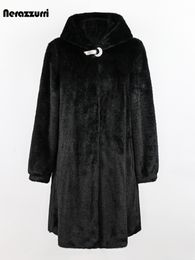 Women's Fur Faux Nerazzurri Winter Long Black Thick Warm Fluffy Mink Coat Women with Hood Big Size Luxury Outerwear 4xl 5xl 6xl 7xl 230112