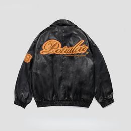 Women's Jackets American Y2K vintage streetwear letter embroidery lapel PU leather jacket women street pilot loose jackets for winter 230111