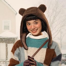 Береты, милые шапки с медведем для женщин, осенне-зимняя корейская версия, велосипедная ветрозащитная теплая защита ушей, пуловер, мужская шапка-бомбер