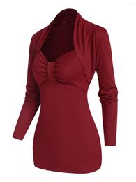 Women's T Shirts Plain Colour Top Ruched Bust Sweetheart Neck Long Sleeve Solid Red Casual For Women Fashion Winter Tees
