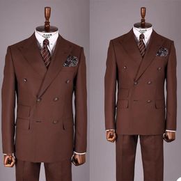 Men's Suits & Blazers Classic Vintage Men Brown Smoking Business Double Breasted Jacket With Pants Prom Evening Party Dress Trajes Para Homb