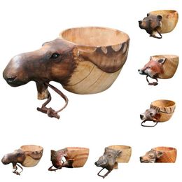 Mugs Kuksa Hand Carved Wooden Mug Guksi Animals Head Image Cup Animal Shape Portable Cam Drinking Drop Delivery Home Garden Kitchen Dhdm7