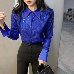 Women's Blouses Royal Blue Sequined Shirts Women Full Slleve Blouse Bling Sequins Tops