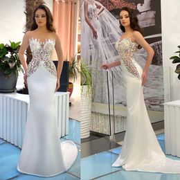 Fashion White Mermaid Evening Dresses Sexy Illusion Sequined Lace Prom Dress Sweetheart Formal Party Gowns