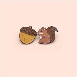 Pins Brooches Squirrel And Pine Cones For Women Cartoon Creative Enamel Lapel Pins Funny Couple Badges Denim Shirt Gift Bag Accesso Dhnaz