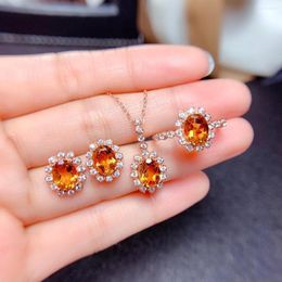 Necklace Earrings Set Yellow Crystal Stone Silver Colour Jewellery With ZIrcon Stud Adjustable Ring Fashion For Women