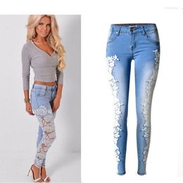 Women's Jeans Women Fashion Denim Skinny Hollow Out Lace Stitching Mid-Waist Tights Sky Blue Pants Stretchable Full Length Sexy