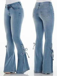 Women's Pants s Fashion High Waist Flared Jean Bow Boot Cut Casual Lady Lace Up Trousers Cowgirl Vintage Blue Bell Bottom Denim Y2k 230111