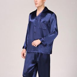 Men's Sleepwear Summer Mens Pyjama Set Imitation Silk Pyjamas Men Print Shirt Long Sleeve Top Pants Sexy Nightwea