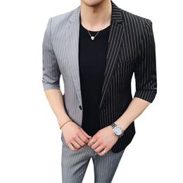 Men's Suits & Blazers 2023 Spring Summer Korean Splice Five-point Sleeves Suit Nine Points Pants Striped Hair Stylist Blazer